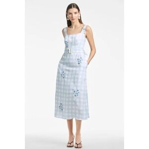 Sachin & Babi Bryce Blue Gingham Floral Embroidered Belted Midi Dress Size 8 NEW